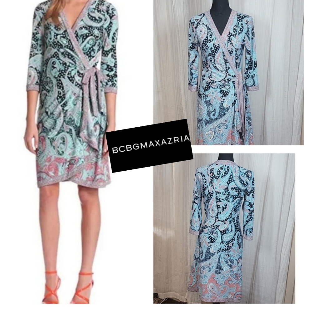 BCBGMaxAzria Mint, Pink & Black Paisley Wrap Midi Dress